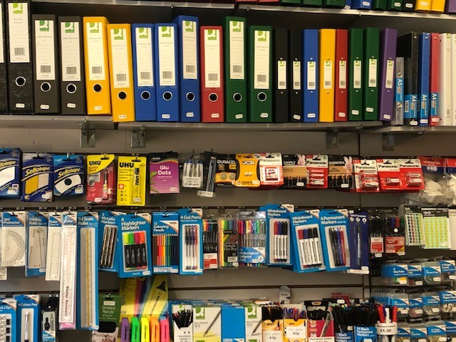 Colourful ring binders, pens and everyday stationery on the shelves at Horsforth Stationery
